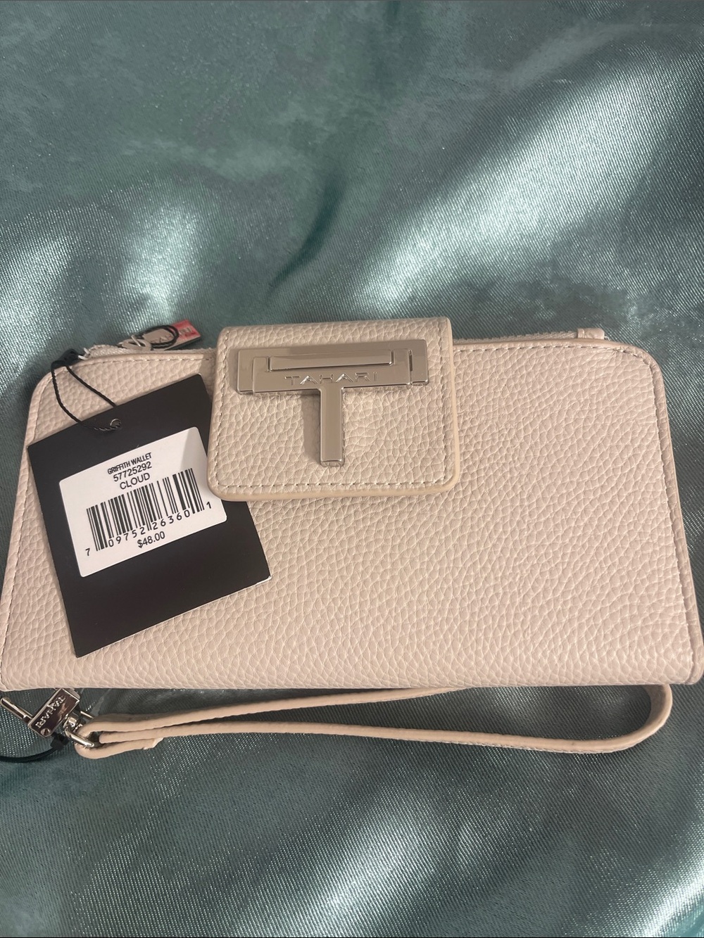 T Tahari Light Cream Pebbled Leather Wristlet Wallet with Silver T Accent
